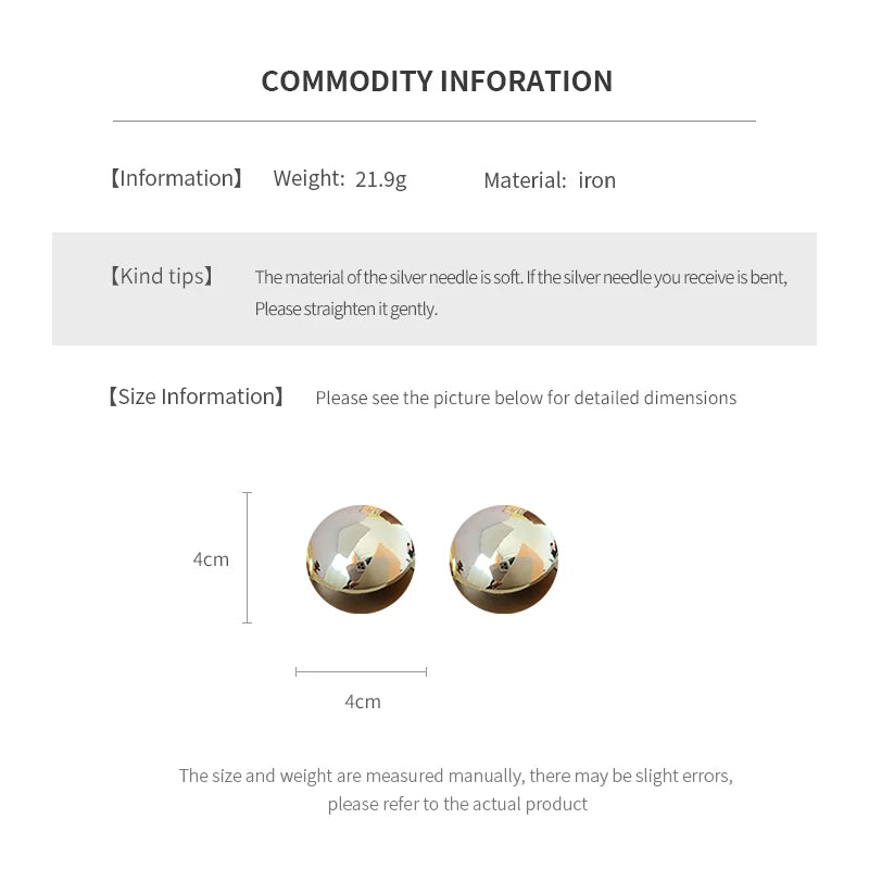 Smooth Semi-round Stud Earrings for Women Europe and America Simple Metal Cold Style Personality Exaggerated Temperament Jewelry