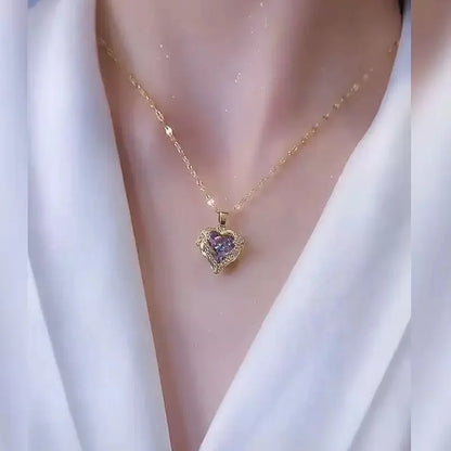 Iridescent Heart Necklace - Gold-Tone Alloy, Colorful Shimmering Heart Pendant, Cubic Zirconia Accents, Dainty Chain Fashion