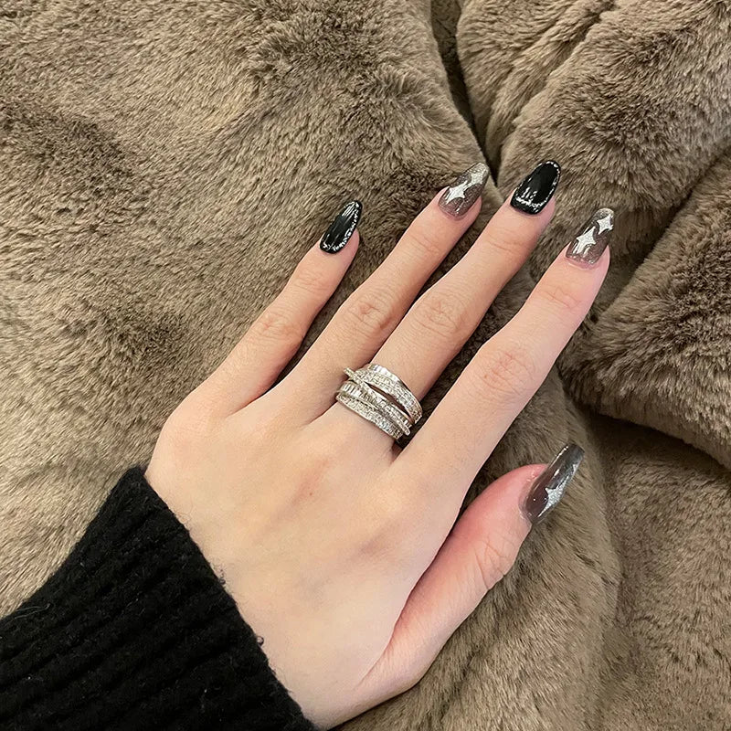 Light Luxury Inlaid Cubic Zircon Finger Ring For Women Classic Cross Design Open Ring Bride Jewelry For Engagement Wedding