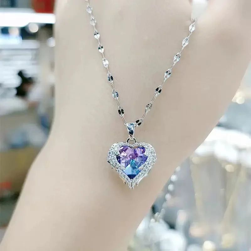 Iridescent Heart Necklace - Gold-Tone Alloy, Colorful Shimmering Heart Pendant, Cubic Zirconia Accents, Dainty Chain Fashion