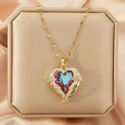 Iridescent Heart Necklace - Gold-Tone Alloy, Colorful Shimmering Heart Pendant, Cubic Zirconia Accents, Dainty Chain Fashion